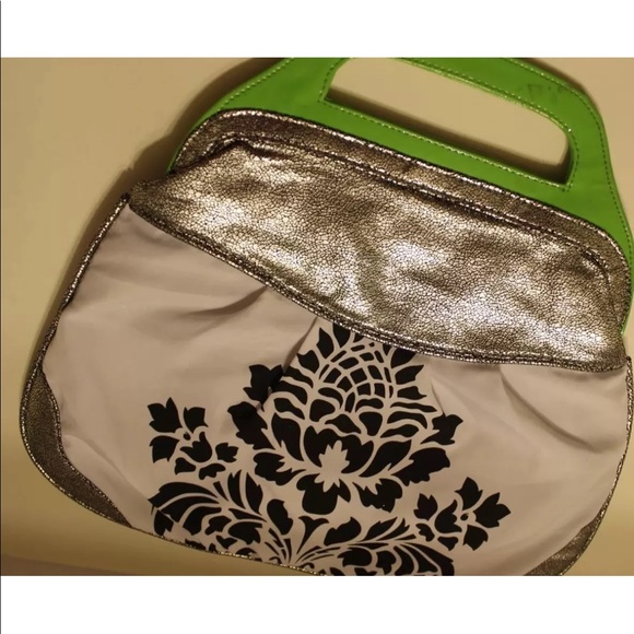2/$20 Triangular Black White Floral Print Lime Green Patent Leather Bag Purse - Picture 2 of 11